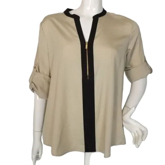CALVIN KLEIN Blouse, L, Champagne/Black, Long Tab Sleeves, Zipper Neck - Picture 2 of 14
